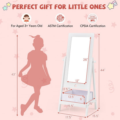 360-Degree Rotatable Full-Length Mirror for Kids with Integrated Storage Bin