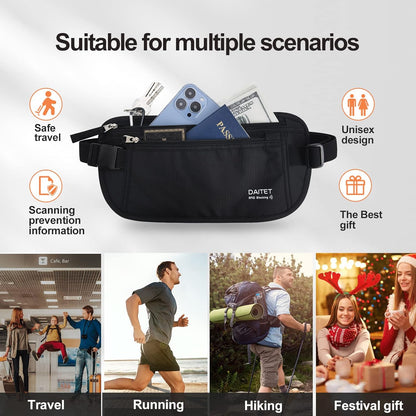 RFID-Blocking Money Belt and Passport Holder - Secure Hidden Travel Wallet Fanny Pack (Black)