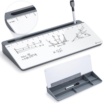 Dry Erase Glass Desk Whiteboard with Storage Caddy - Desktop Memo Notepad for Home Office and School (Gray)