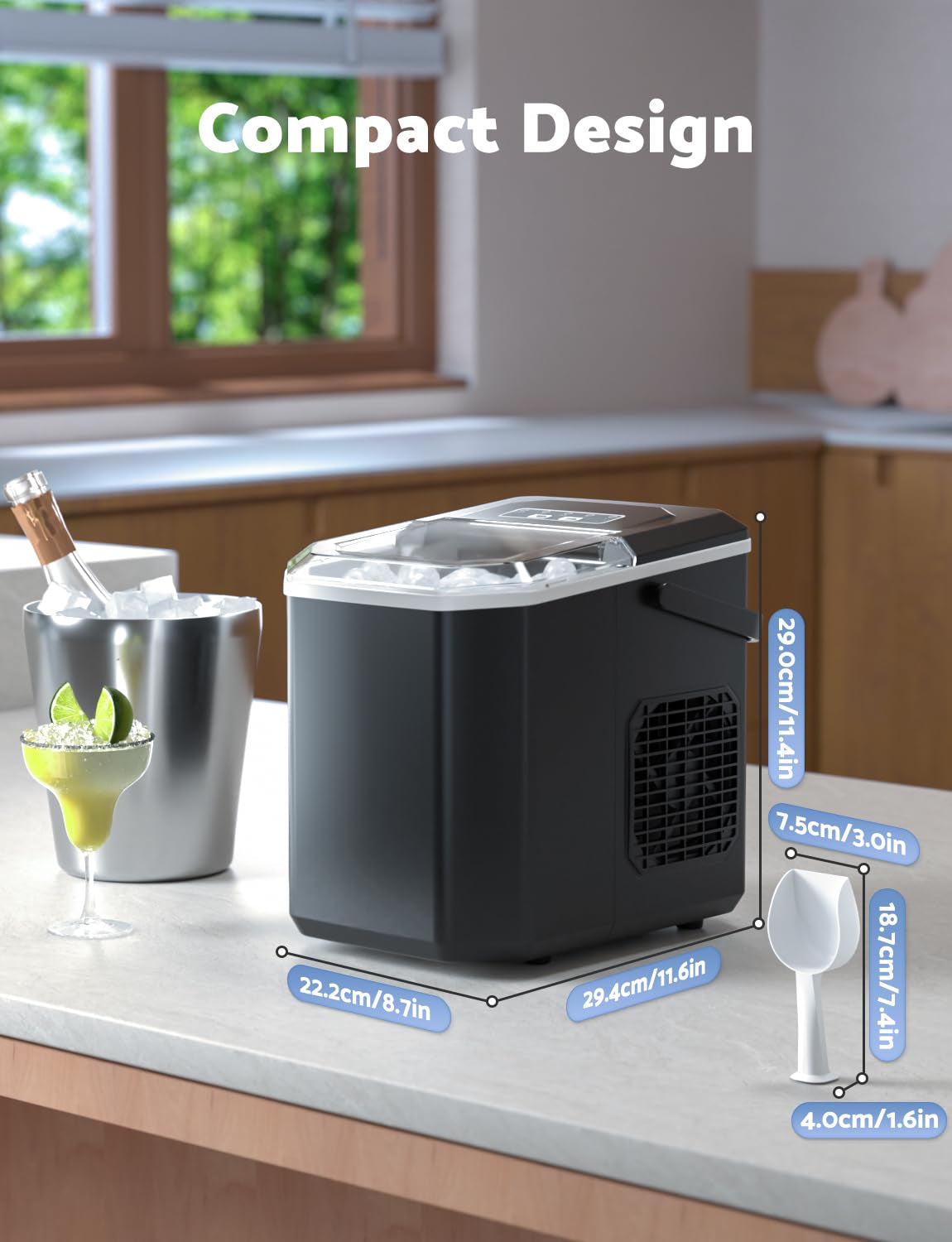 Countertop Ice Maker Machine - Produces 9 Ice Cubes in 6-8 Minutes, 26.5 lbs Daily Capacity, Self-Cleaning with Ice Scoop
