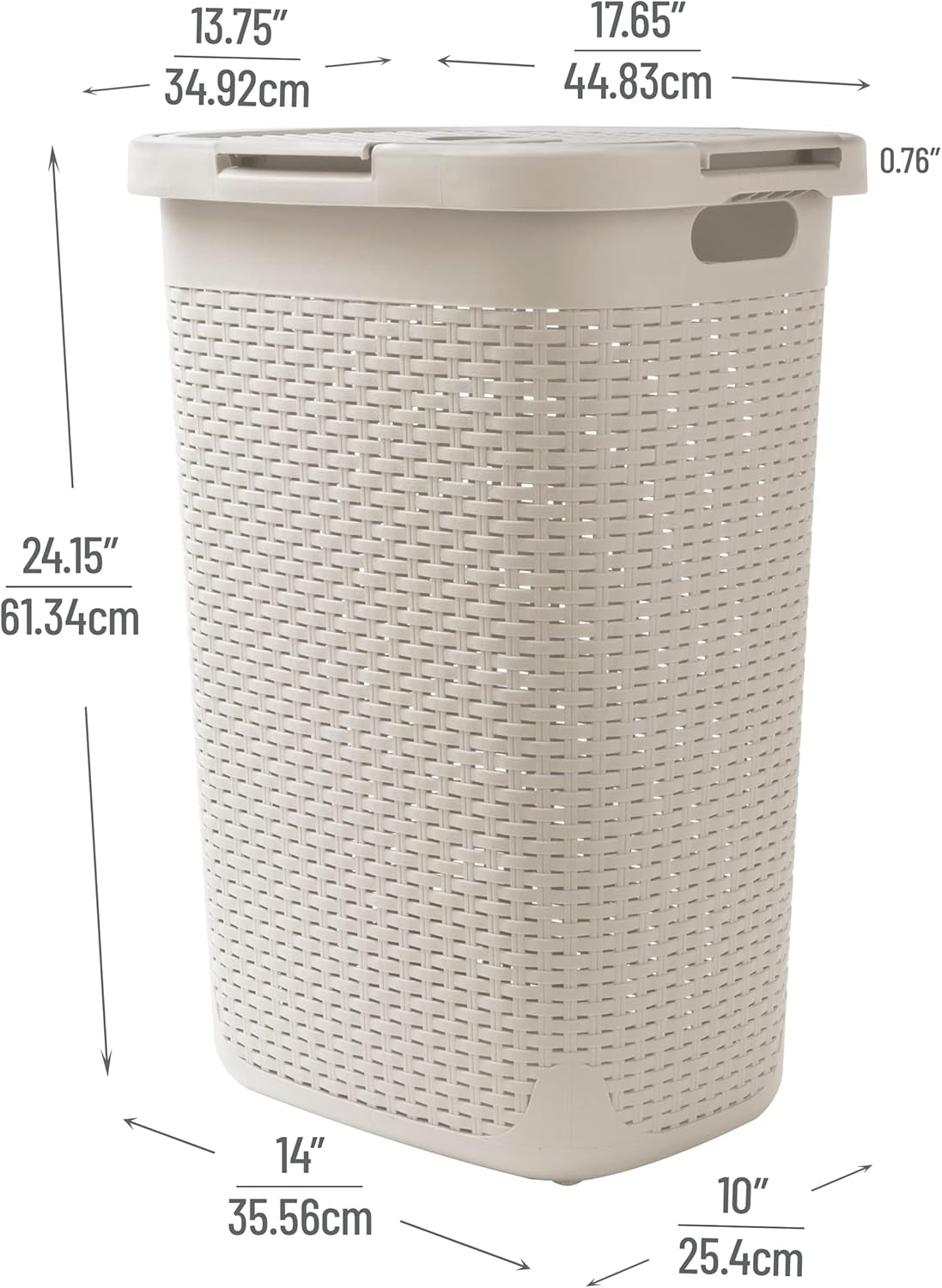 60L Slim Laundry Hamper - Lid, Wicker Design, Plastic Construction, Dimensions: 44.8L x 34.9W x 61.3H cm, Ivory