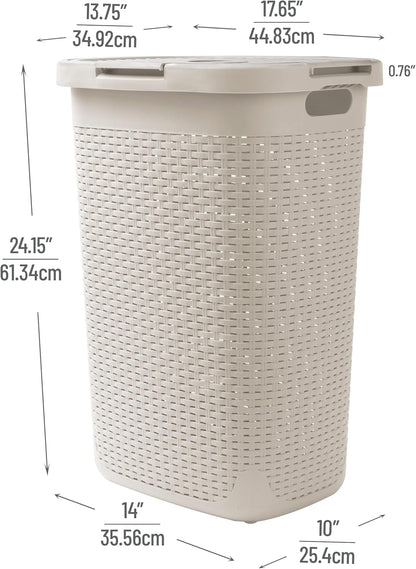 60L Slim Laundry Hamper - Lid, Wicker Design, Plastic Construction, Dimensions: 44.8L x 34.9W x 61.3H cm, Ivory