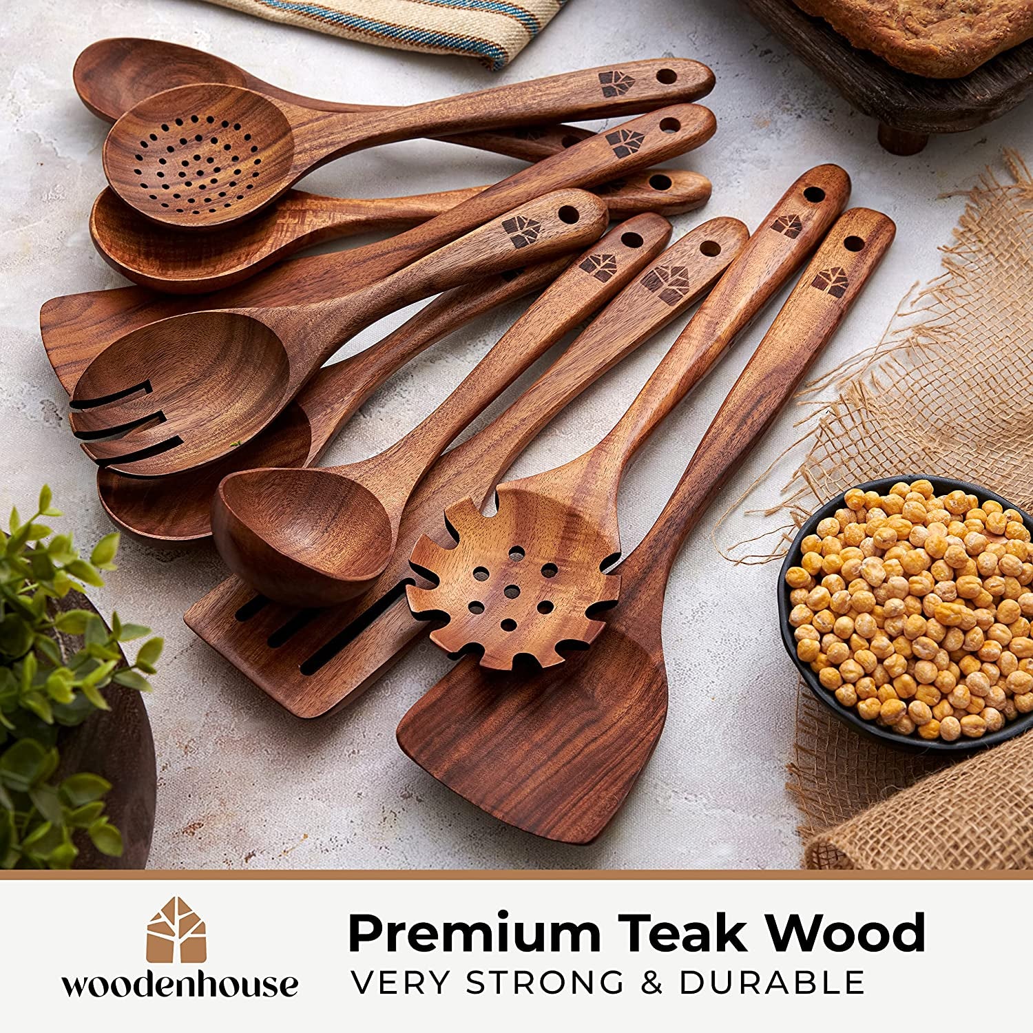 Professional Wooden Cooking Utensil Set - 10-Piece Teak Wood Kitchen Tools for Nonstick Cookware, Lightweight and Heat Resistant
