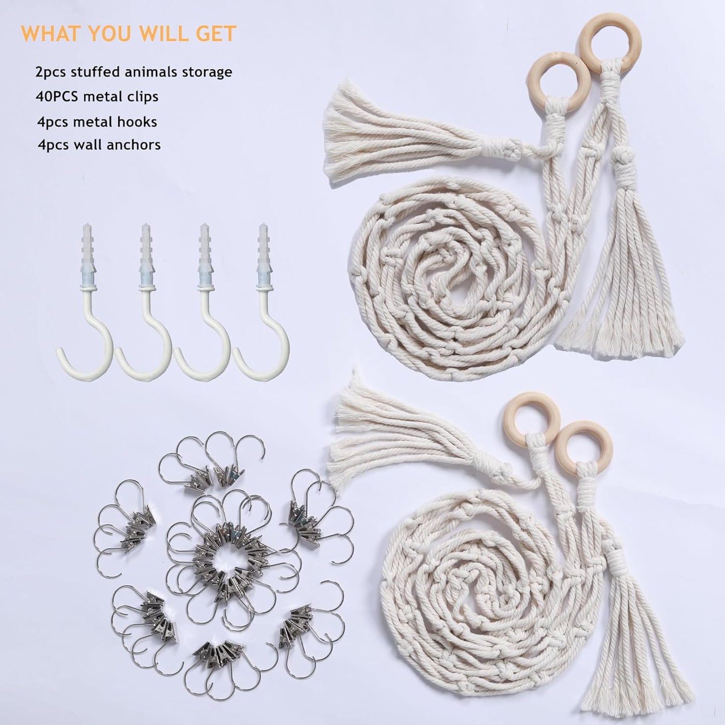Cotton Stuffed Animal Storage Chain Set - 40 Metal Clips - 80-Inch Wall Organizer