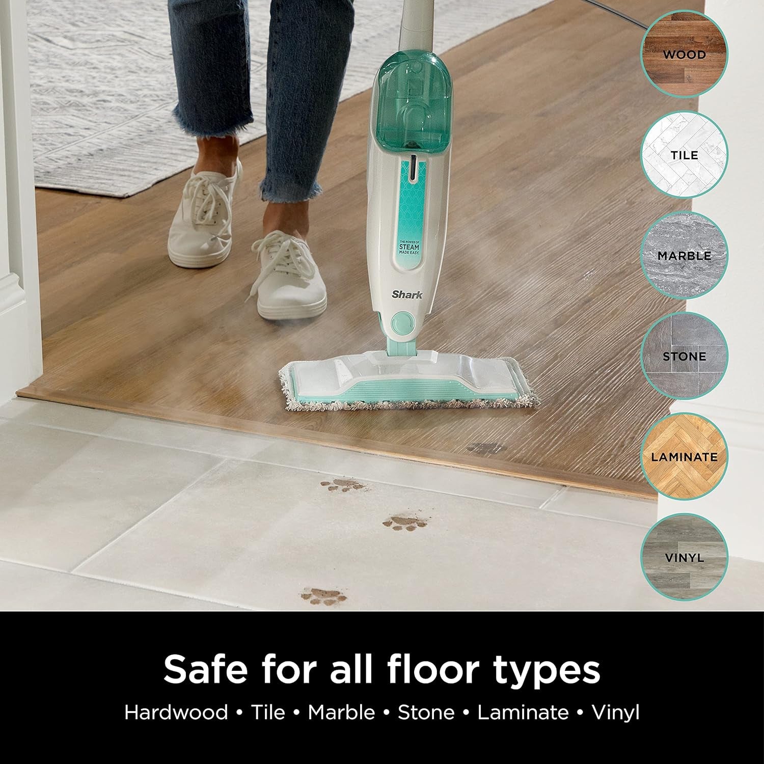 Lightweight Steam Mop with Two Machine Washable Dirt Grip Pads, Safe for All Sealed Hard Floors, Removable Water Tank, White/Seafoam