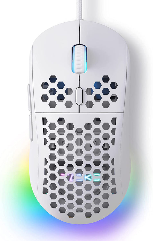 Ultralight Honeycomb Gaming Mouse with High-Precision 12800DPI Optical Sensor, 6 Programmable Buttons, Customizable RGB Lighting, Drag-Free Paracord, Ergonomic Design - Matte White