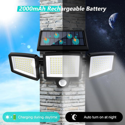 Solar Outdoor Lights 2500LM 210 LED Security Lights with Remote Control,3 Heads Motion Sensor Lights, IP65 Waterproof,270° Wide Angle Flood Wall Lights with 3 Modes(3 Packs)