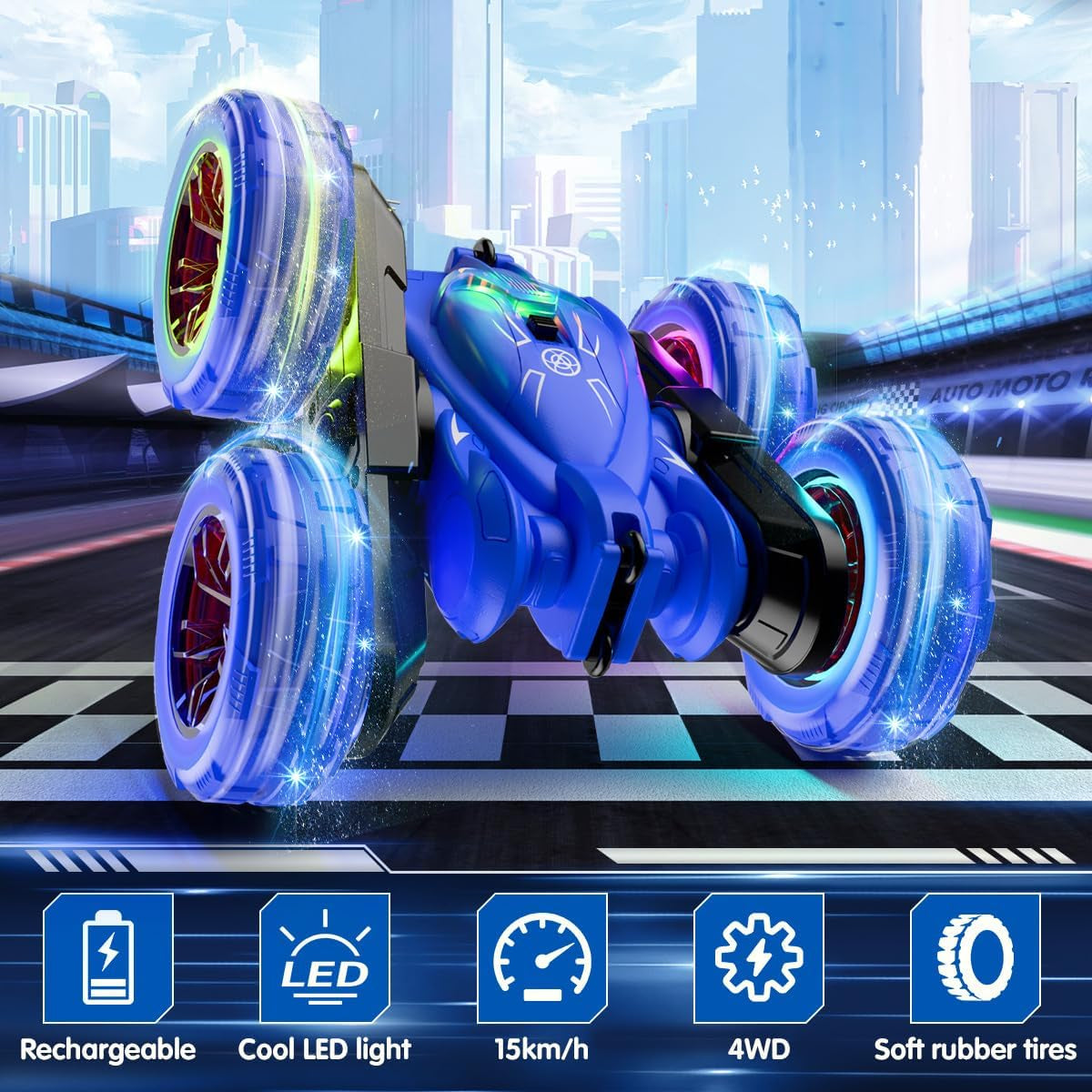 Rechargeable Remote Control Stunt Car with Colorful Lights, 360° Double-Sided Flips, 2.4GHz 4WD All-Terrain RC Aged 3+