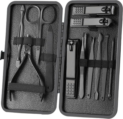 Professional 12-Piece Stainless Steel Manicure and Pedicure Set with Luxurious Travel Leather Case - (Black)