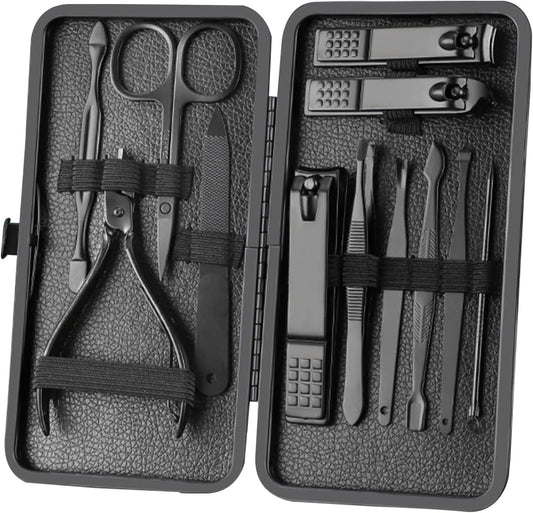 Professional 12-Piece Stainless Steel Manicure and Pedicure Set with Luxurious Travel Leather Case - (Black)