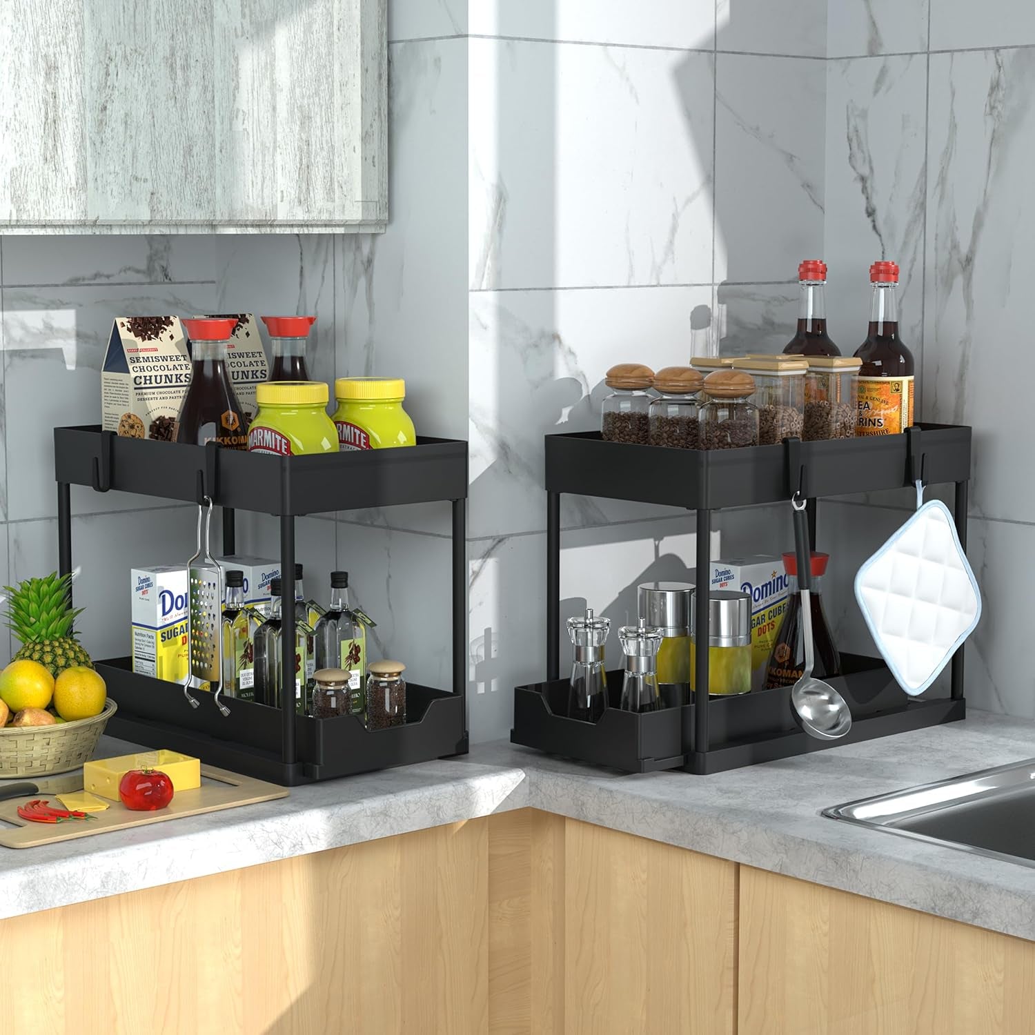 2-Tier Under-Sink Organizer Set with Sliding Baskets for Versatile Bathroom Storage, Black (2 Pack)