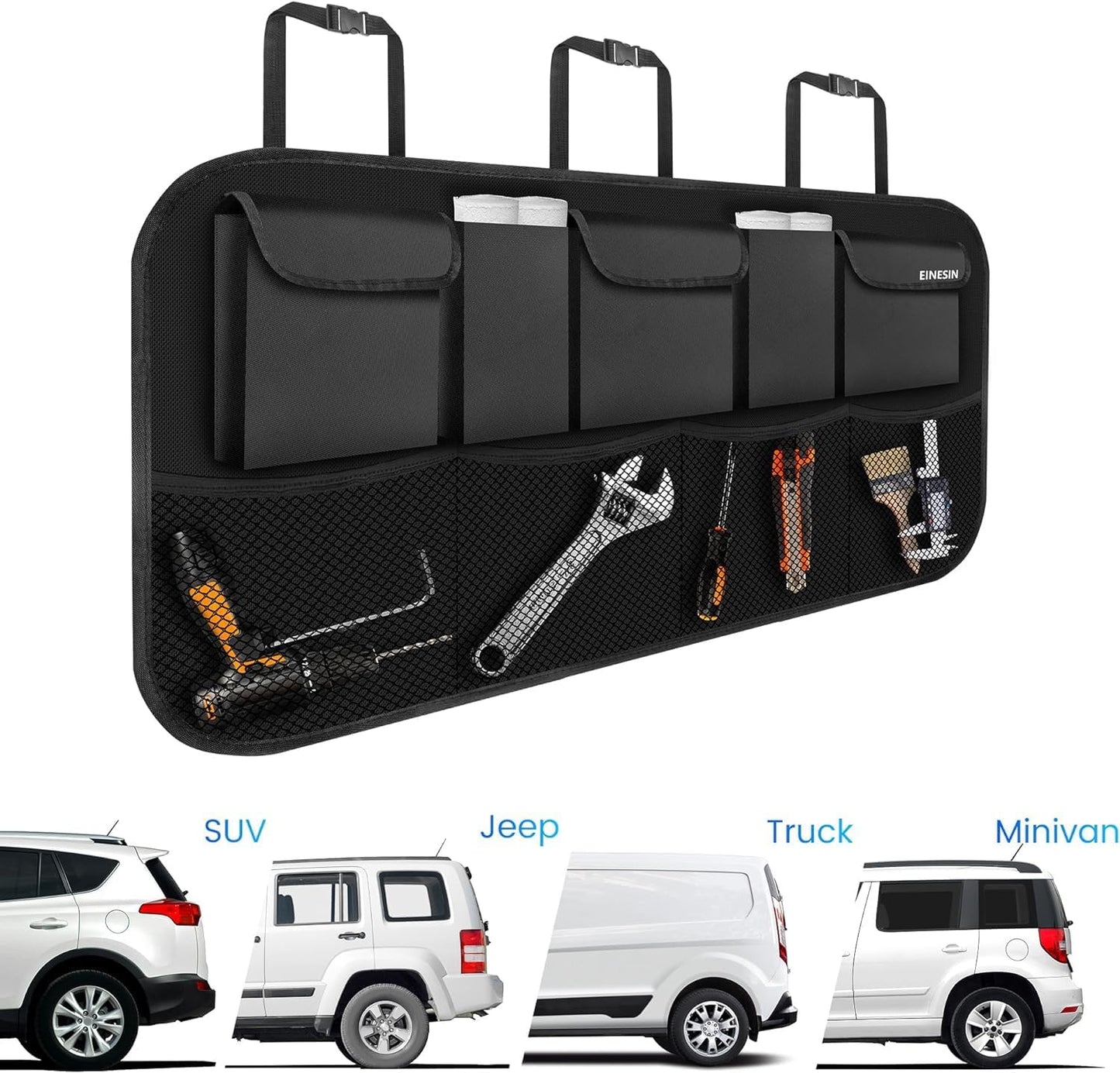 Premium Car Trunk Organizer with 9 Pockets and Durable Elastic Design for SUVs (Black, 42.5 x 20.5 in)