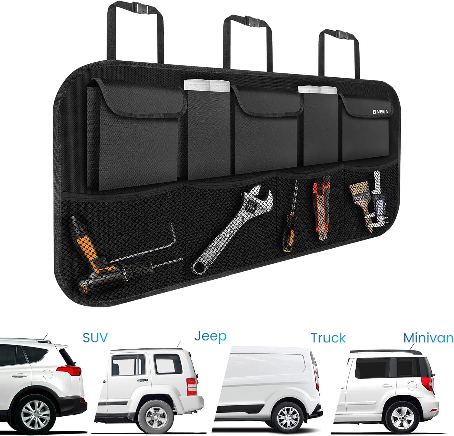 Premium Car Trunk Organizer with 9 Pockets and Durable Elastic Design for SUVs (Black, 42.5 x 20.5 in)