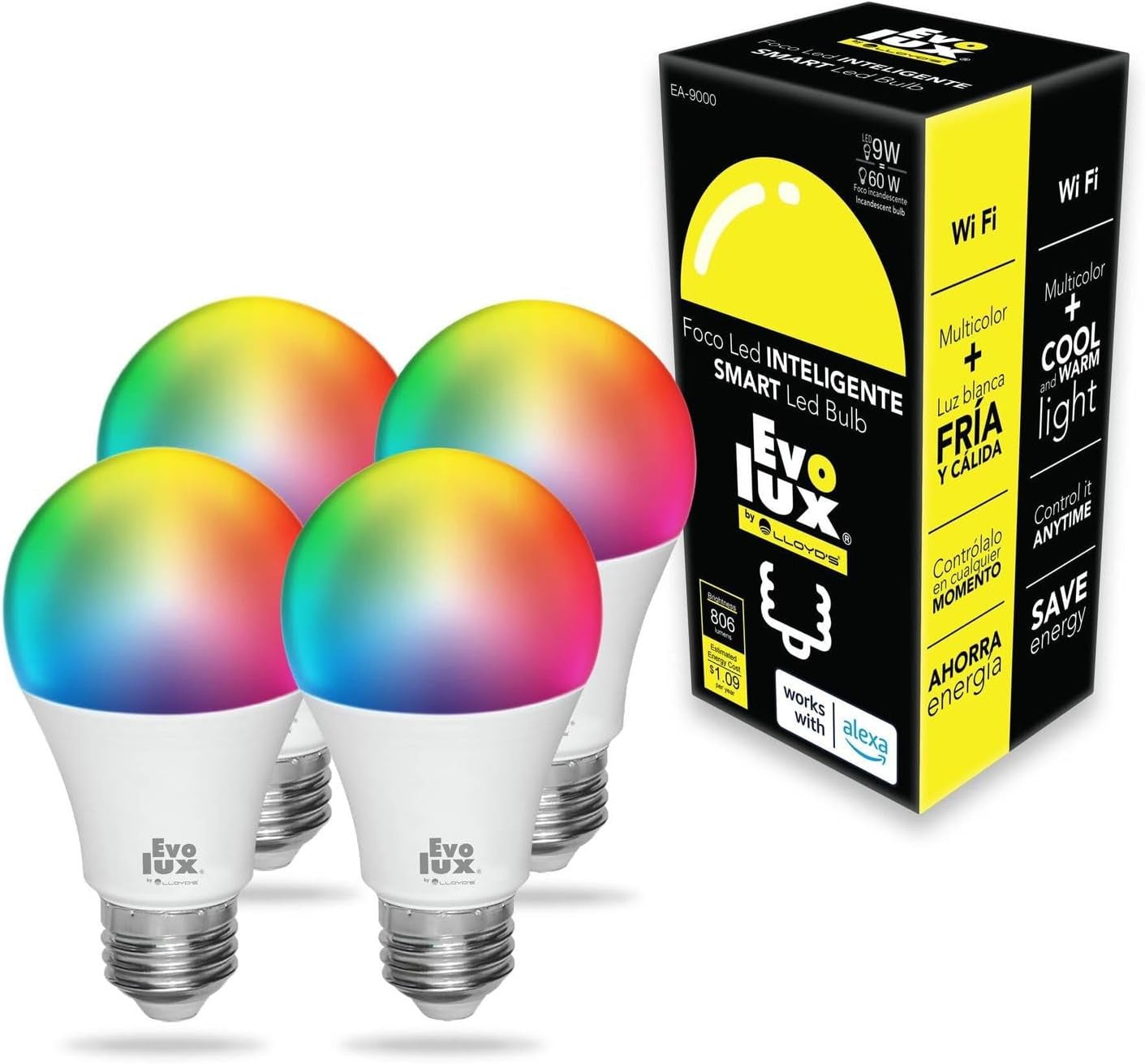 Dimmable Smart LED Light Bulb with WiFi Compatibility for Alexa - 806 Lumens, Energy Efficient, No Hub Required, Multicolor and Adjustable White Light (1)