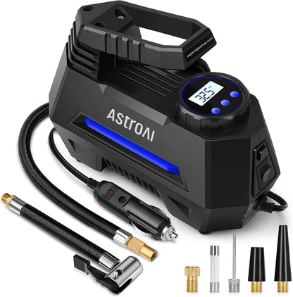Portable Tire Inflator, Air Compressor - Digital Pressure Gauge, Emergency LED Light - 12V DC Auto Pump for Cars