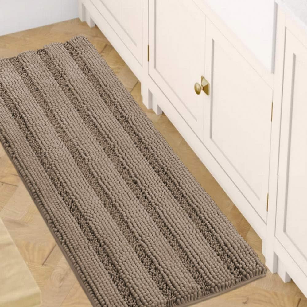 Set of 2 Striped Anti-Slip Bath Mats - Soft Plush Chenille Shaggy Floor Mats  - Water Absorbent (Grey, 32 x 20 & 24 x 17 Inches)