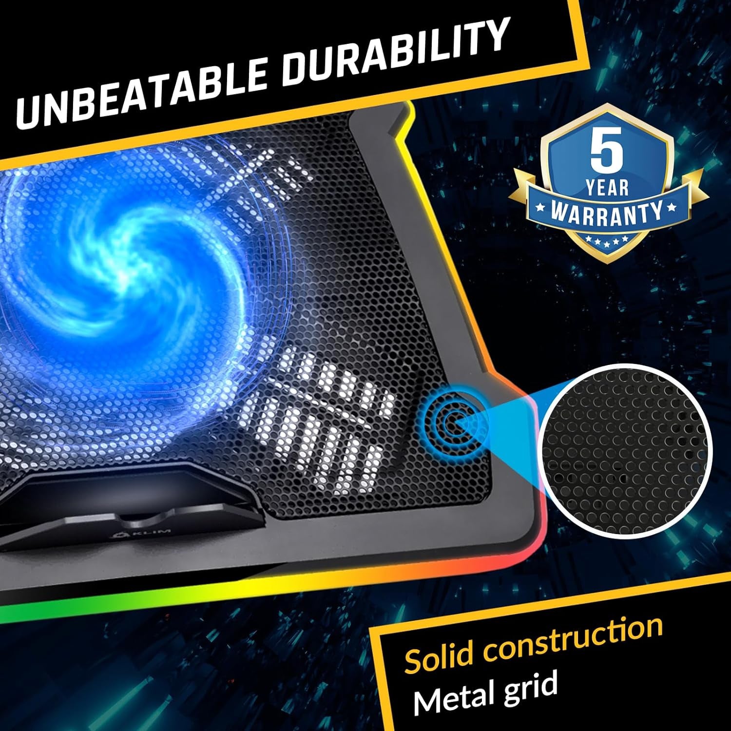 RGB Laptop Cooling Pad with LED Rim - Gaming Laptop Cooler - USB Powered Fan - Stable and Silent Stand - Compatible with Up to 17" Laptops - Black