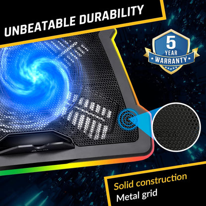 RGB Laptop Cooling Pad with LED Rim - Gaming Laptop Cooler - USB Powered Fan - Stable and Silent Stand - Compatible with Up to 17" Laptops - Black