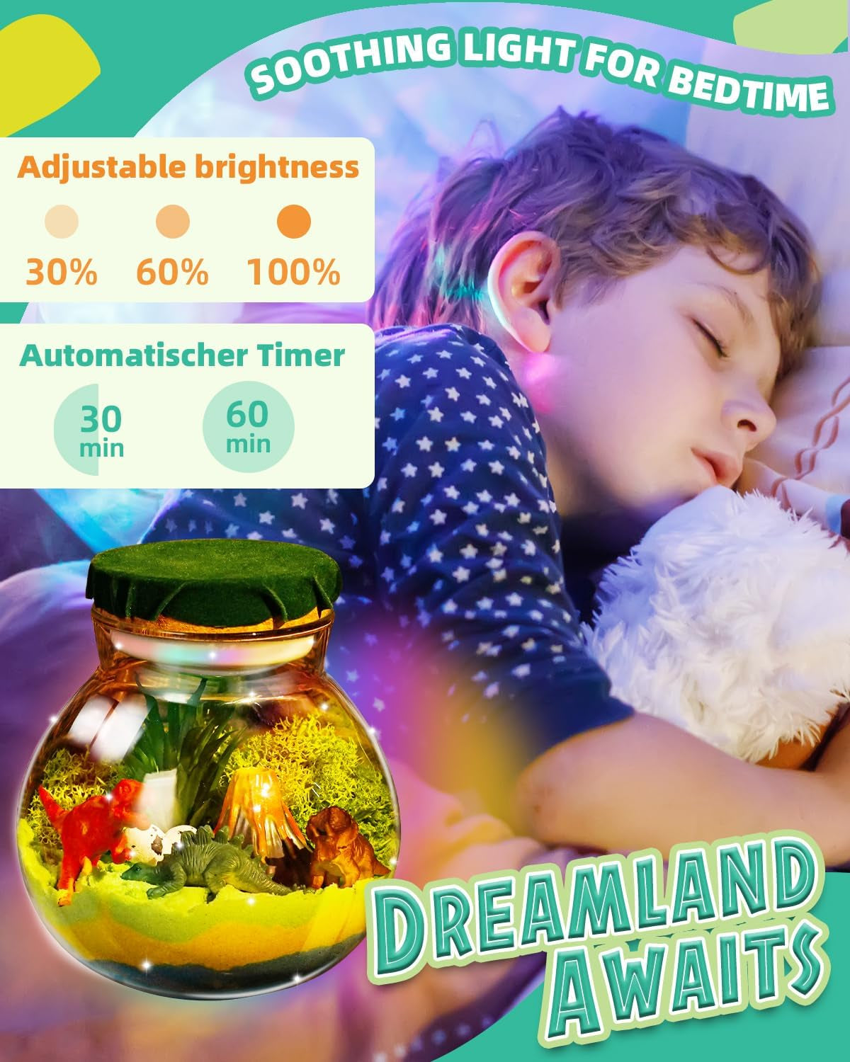 Illuminated Dinosaur Terrarium Kit for Children - DIY Arts & Crafts for Ages 4+LED Night Light with Remote Control