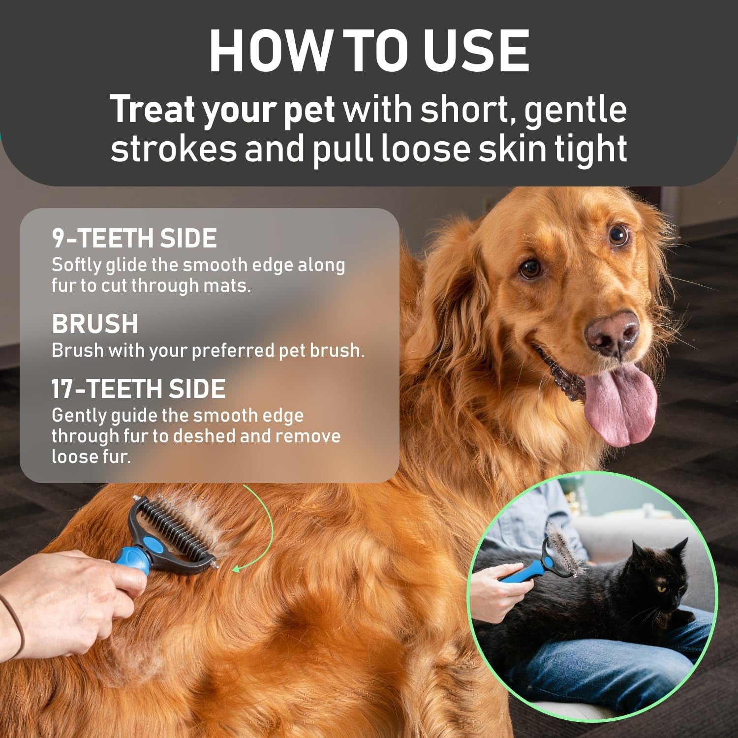 Pet Grooming Brush - Double-Sided Shedding, Demating Tool - Dogs, Cats - Undercoat Rake - Reduces Shedding by 95% - Blue