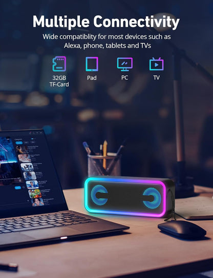 Portable Bluetooth Speaker - IPX5 Waterproof with RGB Lighting, 18-Hour Playtime, and Hi-Fi Stereo Sound