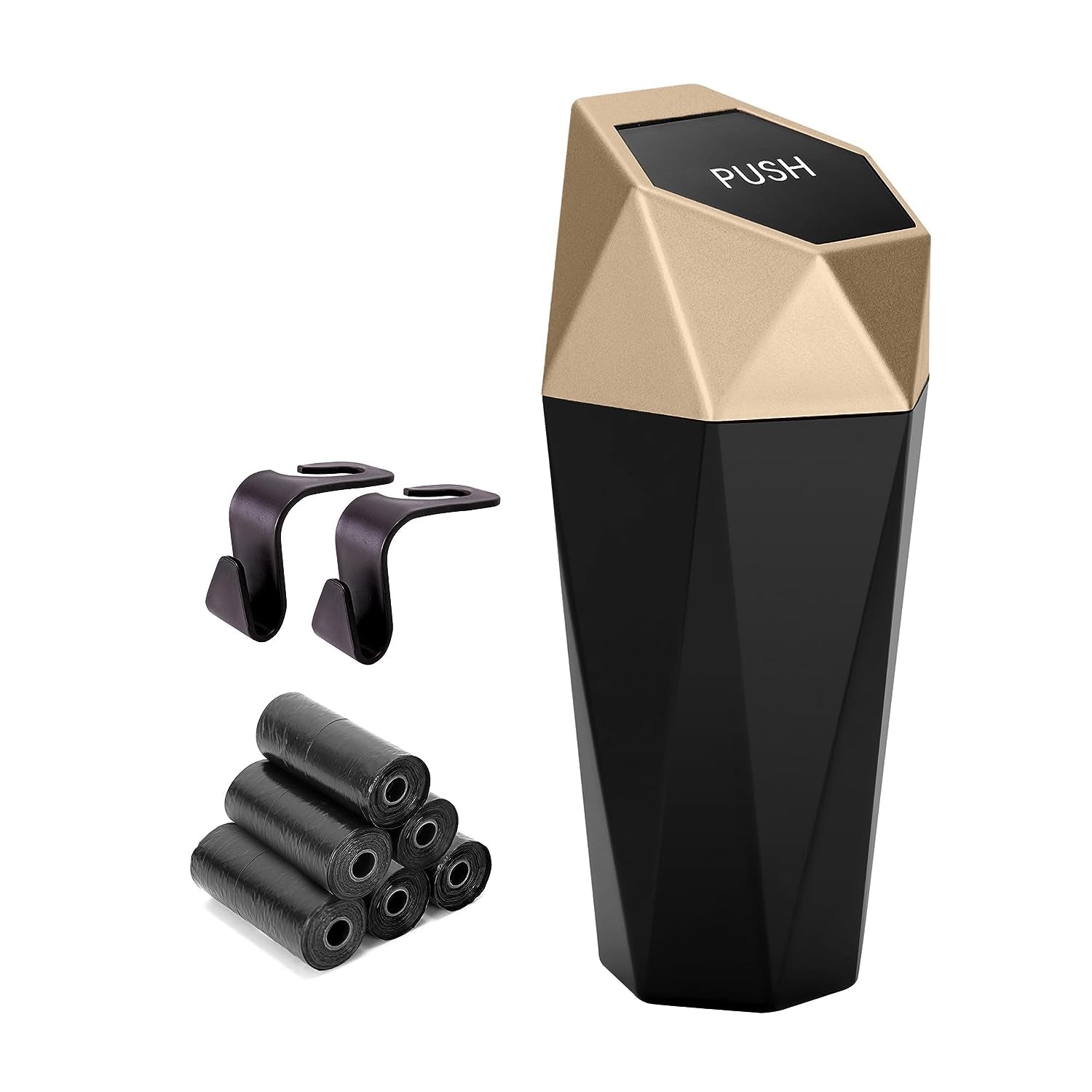 Car Trash Can with Lid - Set of 2 Mini Cup Holder Trash Bins, Leakproof, Includes 2 Hooks and 90 Trash Bags - Black