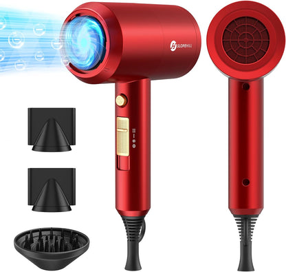 Ionic Hair Dryer - 1800W Professional Fast-Drying Blow Dryer with Low Noise, 2 Concentrator Nozzles, and 1 Diffuser Attachment