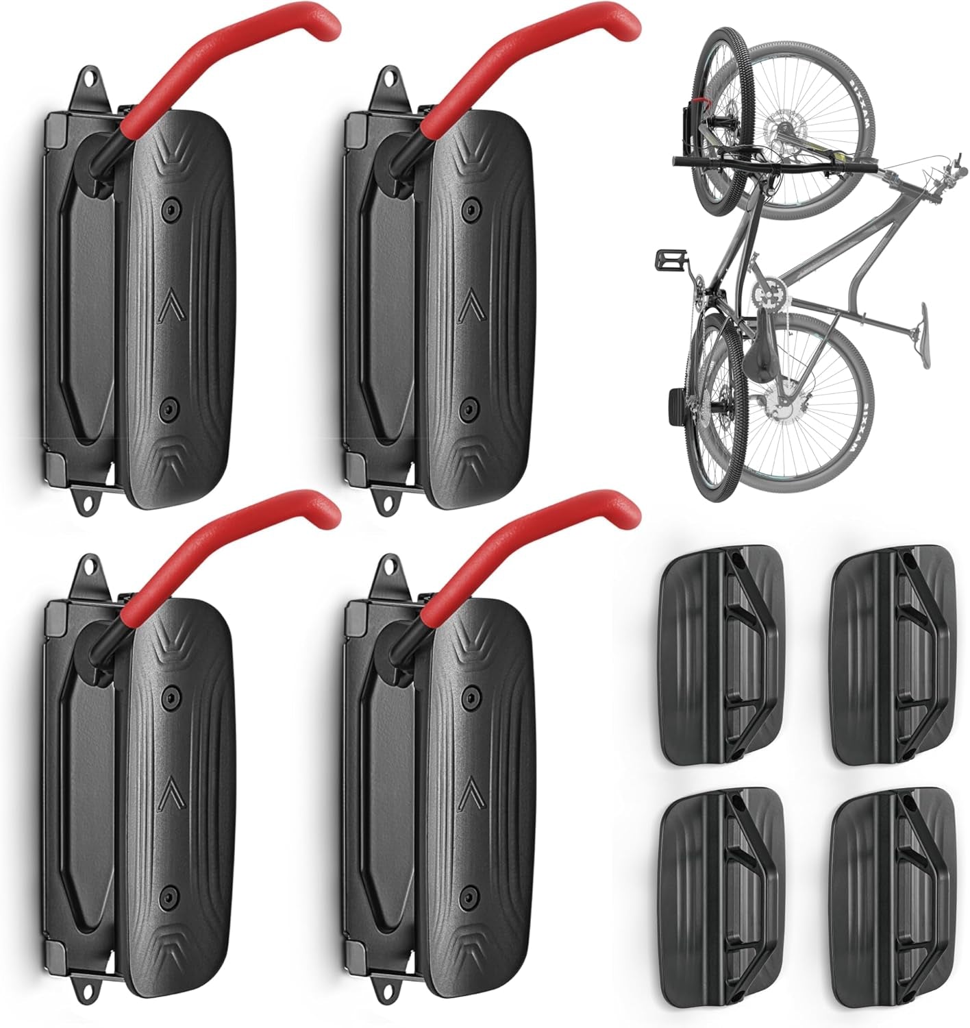 Swivel Bike Wall Mount - Space-Saving Vertical Bike Rack for Garage Storage, Holds Up to 66 lbs, 4-Pack, Red
