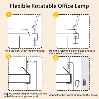 LED Desk Lamp with Clamp, Flexible 4-Section Swing Arm, Three Light Sources, 4 Color Modes, 5 Brightness Levels, Memory Function 
