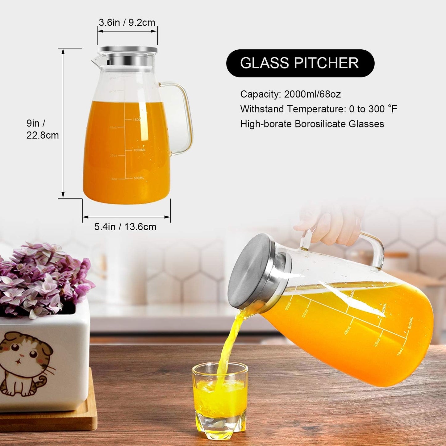 2L Borosilicate Glass Pitcher with Lid and Measurement Scale, Stainless Steel Jug for Hot and Cold Beverages