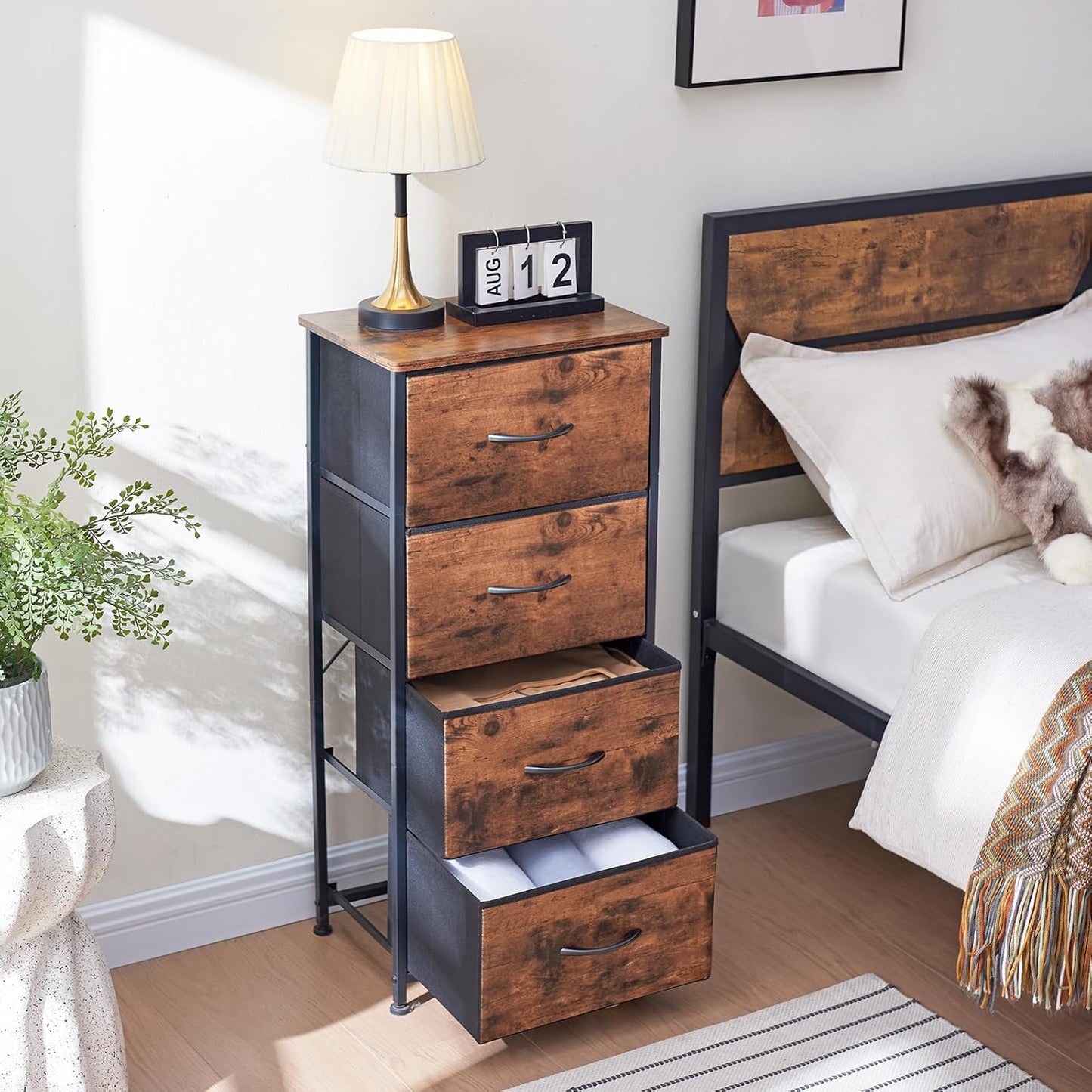Tall Dresser for Bedroom with 4 Drawers, Storage Organizer Chest of Drawers with Removable Fabric Bins for Living Room Closet Bedside Nursery Laundry Entryway Hallway, Wood Grain Print