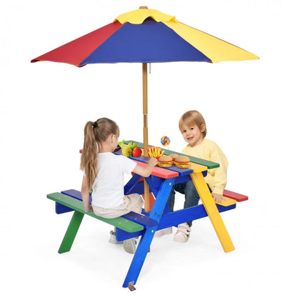 Outdoor Children's Picnic Table Bench Set with Removable Umbrella for Four Seats