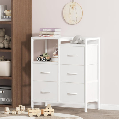 Fabric Dresser for Bedroom, 5 Drawer 3-Tire Dresser, Storage Tower with Fabric Bins, Storage Cabinet for Entryway, Living Room & Closets (White)