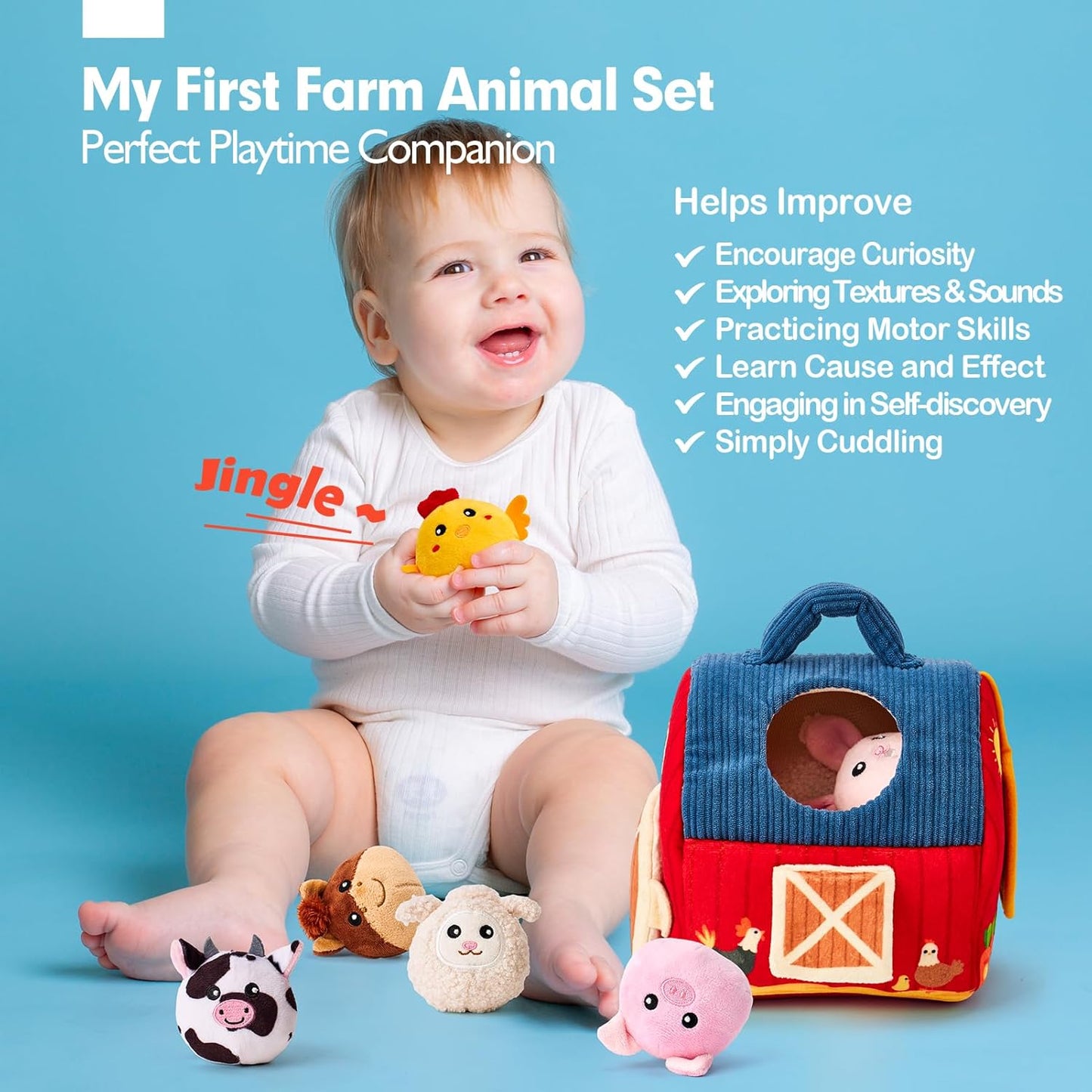 Surprise Barn Plush Farm Animal Rattles and Mirror Baby Toys, Sensory Development Toys  6-12 Months - Travel Toys 