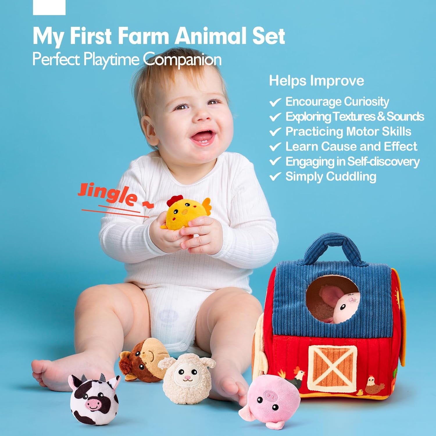 Surprise Barn Plush Farm Animal Rattles and Mirror Baby Toys, Sensory Development Toys  6-12 Months - Travel Toys 