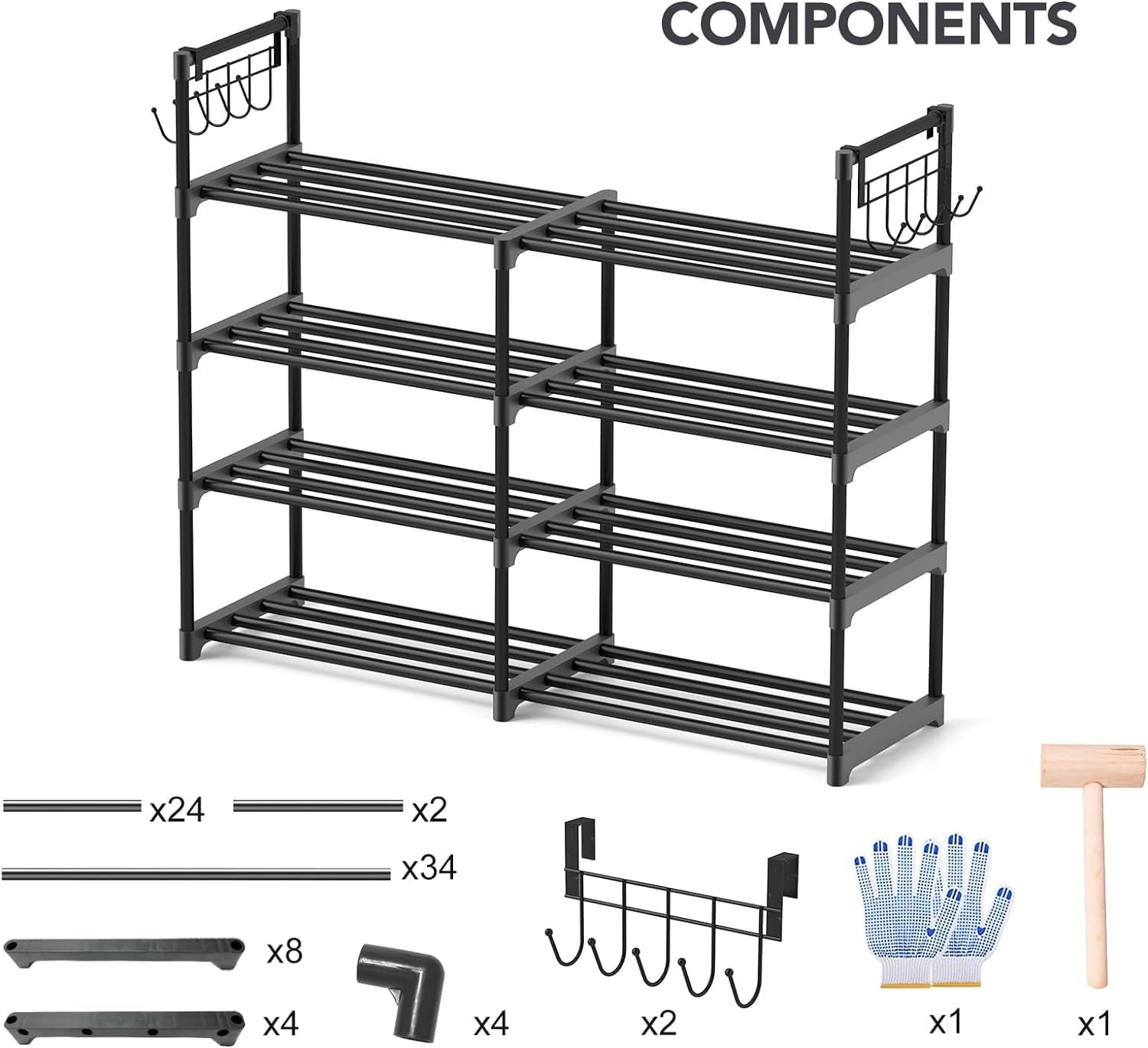 4-Tier Black Metal Shoe Rack with Multifunctional Hooks, Stackable Design for 20 Pairs, Space-Saving Solution for Closets and Showrooms