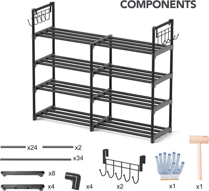 4-Tier Black Metal Shoe Rack with Multifunctional Hooks, Stackable Design for 20 Pairs, Space-Saving Solution for Closets and Showrooms