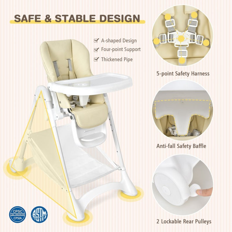Folding Baby Chair with Wheel Tray and Storage Basket