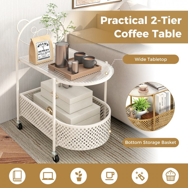 2-Tier Mobile Glass Coffee Table Featuring Bear Design