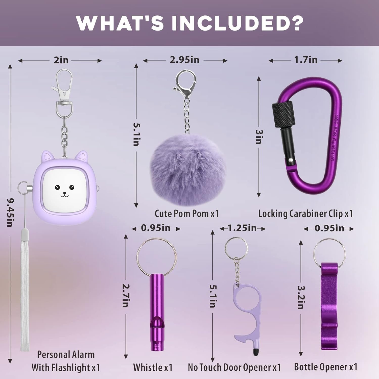 Safe Sound Personal Alarm, 6 Pcs Keychain Accessories - Alarm Keychain, LED Light, Cute Pom Pom, Whistle, and Locking Carabiner Clip
