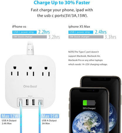 Power Bar Power Strip with USB-C, 3 Outlets and 4 USB Ports, Flat Plug Braided Extension Cord, Non-Surge Protector for Travel and Cruise Ships (5FT)