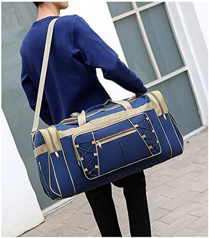 Extra Large Lightweight Oxford Travel Duffle Bag for Men and Women - Waterproof Weekender Overnight Carry-On Luggage (26", Blue Gold)