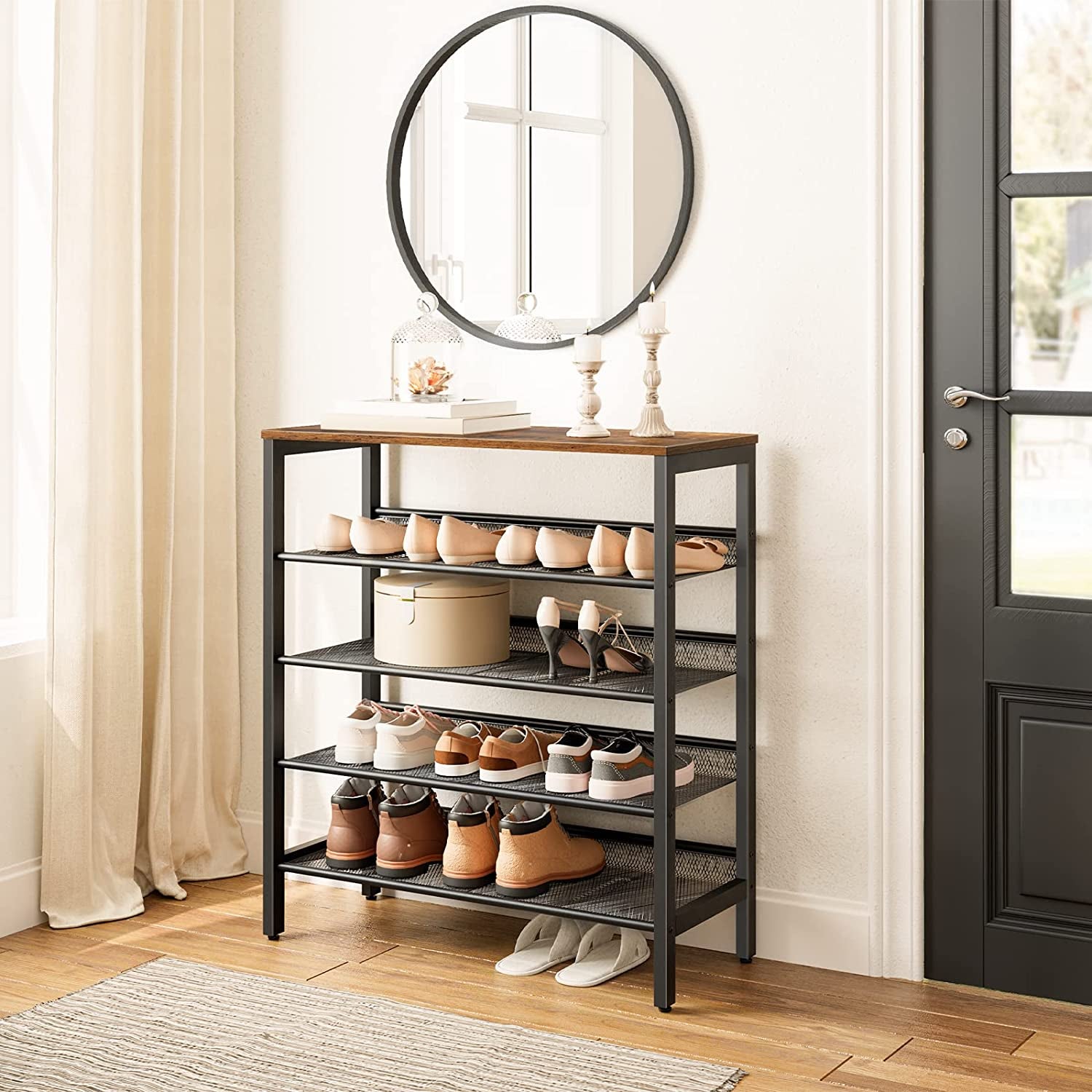 5-Tier Adjustable Shoe Rack - Durable and Stable Shoe Storage Unit for 16 Pairs -  Rustic Brown Finish
