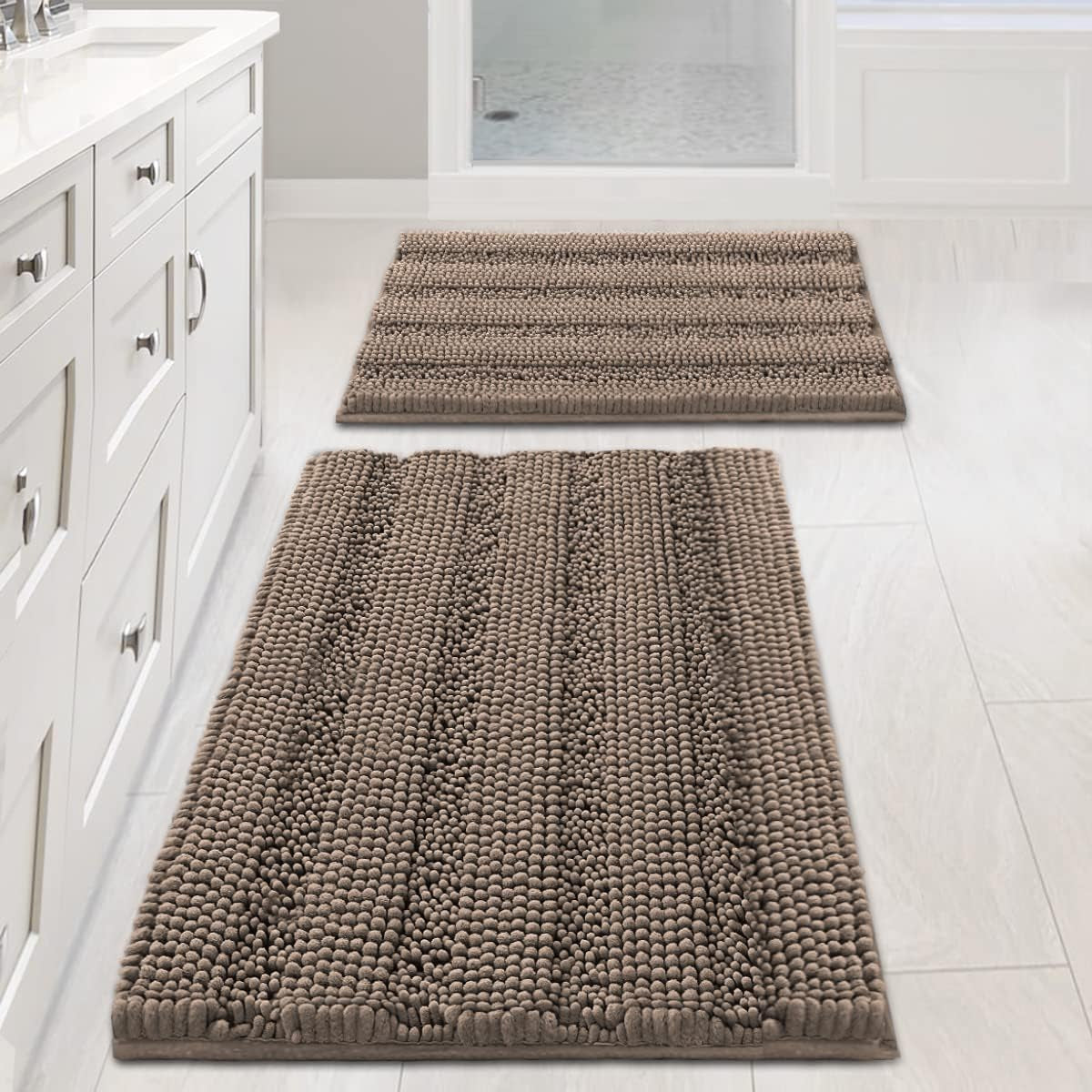 Set of 2 Striped Anti-Slip Bath Mats - Soft Plush Chenille Shaggy Floor Mats  - Water Absorbent (Grey, 32 x 20 & 24 x 17 Inches)