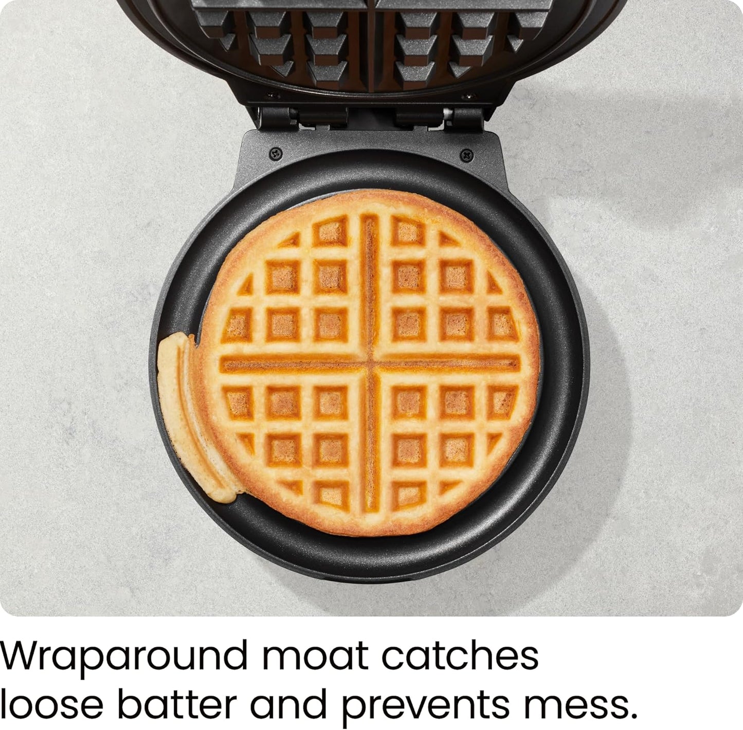 Professional Anti-Overflow Belgian Waffle Maker with Shade Selector, Temperature Control, Mess-Free Moat, Round Nonstick Plates, Cool Touch Handle, and Measuring Cup - Black