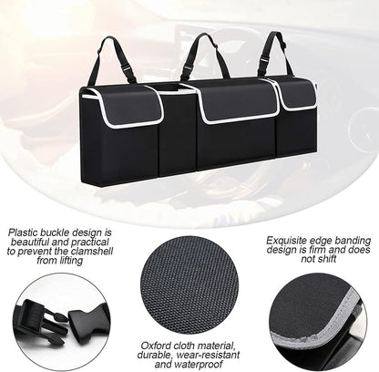 Car Trunk Organizer - Waterproof, Durable Backseat Hanging Cargo Bag with Adjustable Anti-Slip Straps and 4 Pockets (Black)