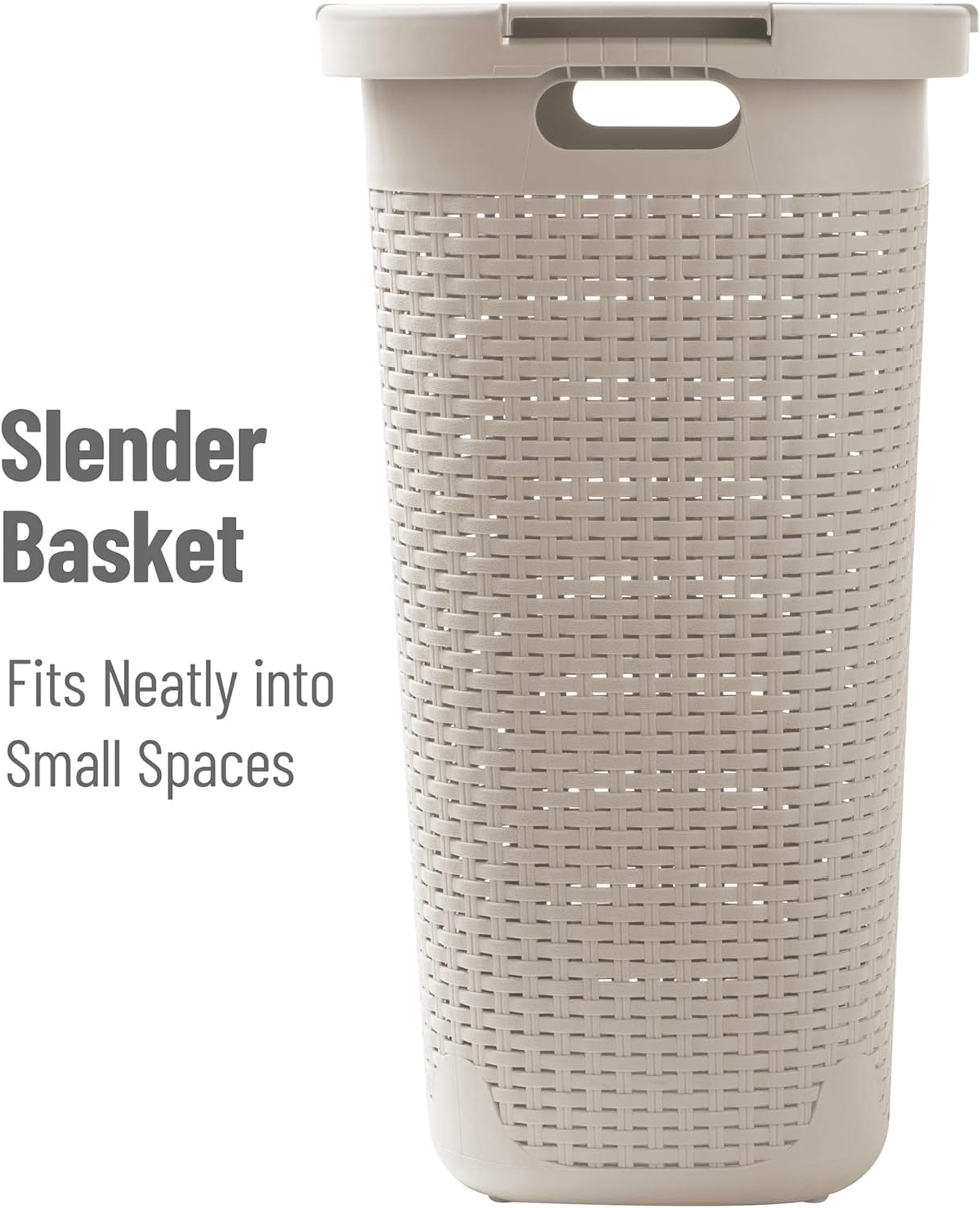 60L Slim Laundry Hamper - Lid, Wicker Design, Plastic Construction, Dimensions: 44.8L x 34.9W x 61.3H cm, Ivory