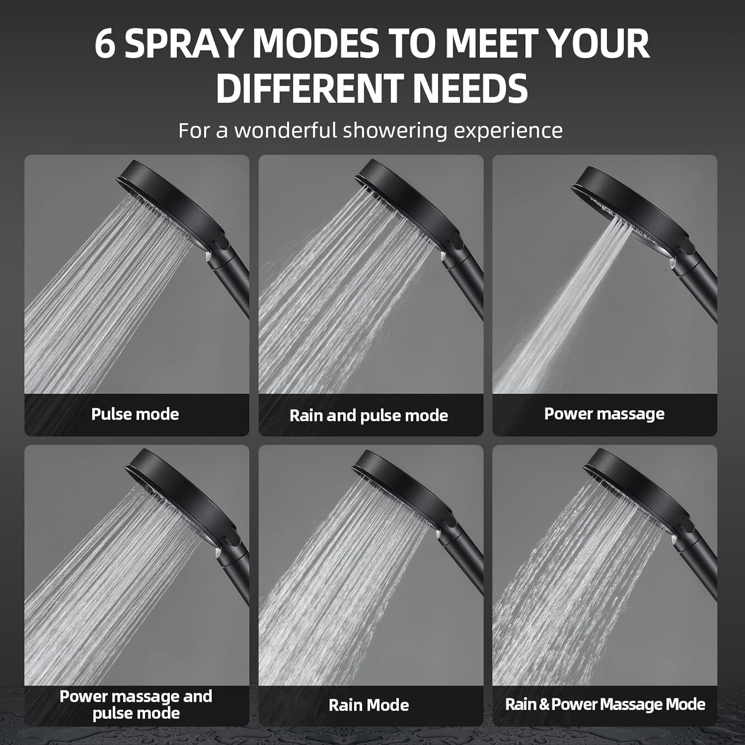 High-Pressure Handheld Shower Head with Filter, 6 Spray Modes, 60" Hose, Bracket, and Water Softener Beads for Chlorine Removal, Black