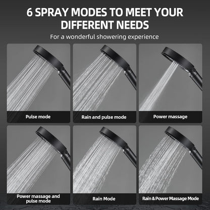 High-Pressure Handheld Shower Head with Filter, 6 Spray Modes, 60" Hose, Bracket, and Water Softener Beads for Chlorine Removal, Black