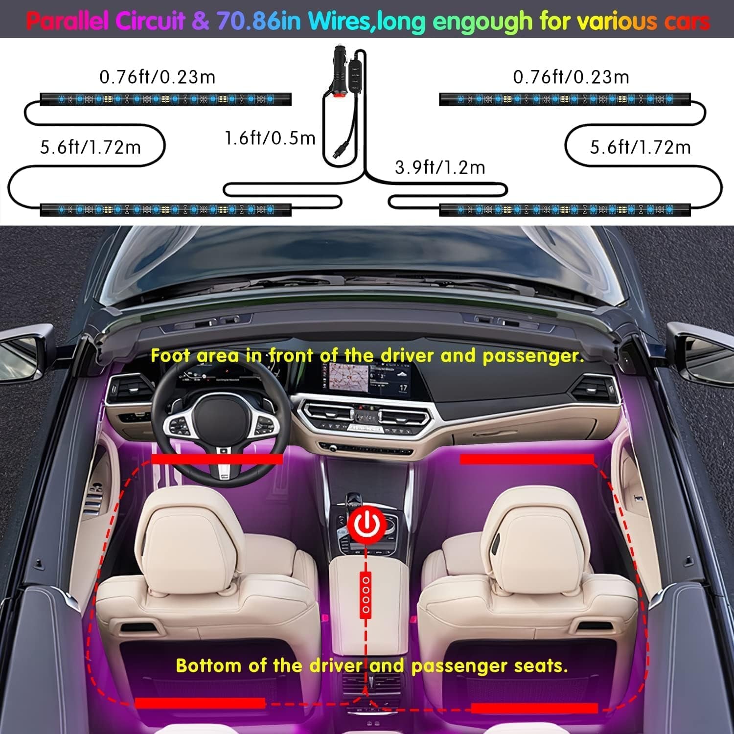 Interior LED Car Lighting System with Remote and App Control, Music Sync, RGB Color Change, and 12V Car Charger